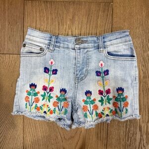 Peek Light Blue Denim Shorts with Multicolor Floral Embroidery
